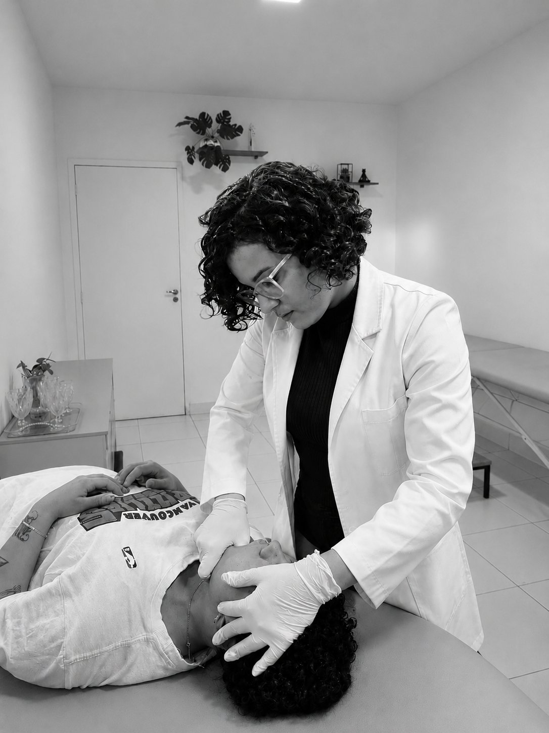 Fisioterapeuta aplicando sensores de movimento em paciente para análise biomecânica